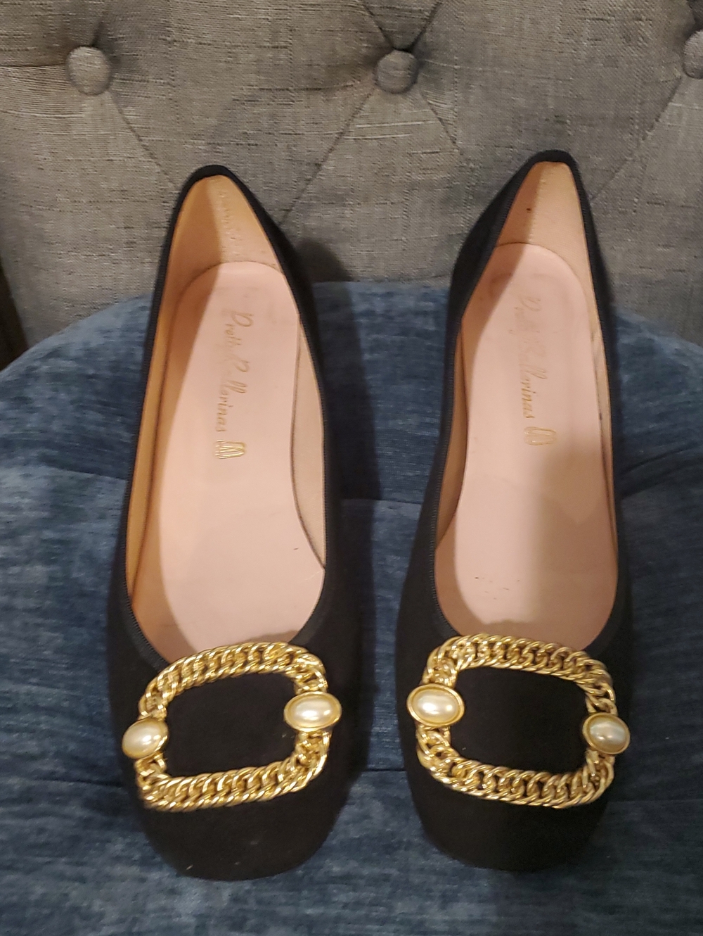 Pretty Ballerinas Black Shoes with Gold Chain Buckle and Pearl Accents